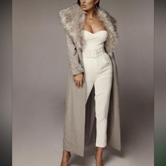 NWT JLUXLABEL grey trench coat with fur neckline - Picture 2 of 3